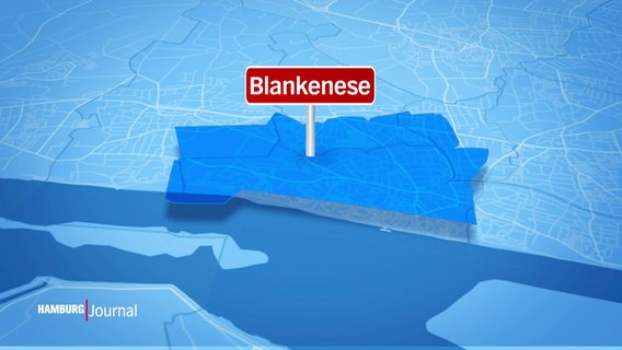 Ein Kartenausschnitt von Hamburg. Auf hellblauem Grund, ist dunkelblau und mit einem roten Schild versehen, der Stadtteil Blankenese hervorgehoben. © Screenshot 