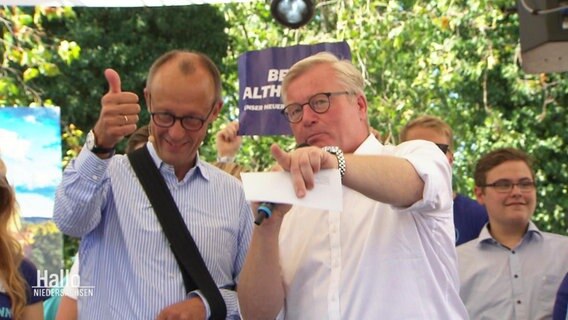 Die CDU-Politiker Fridrich Merz und Bernd Althusmann beim Wahlkampfauftakt in Osnabrück © Screenshot 
