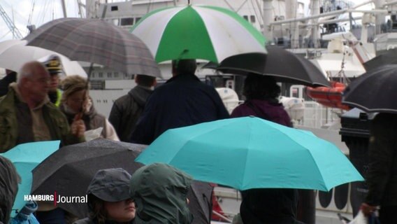 Menschen mit Schirmen an den Landungsbrücken. © Screenshot 
