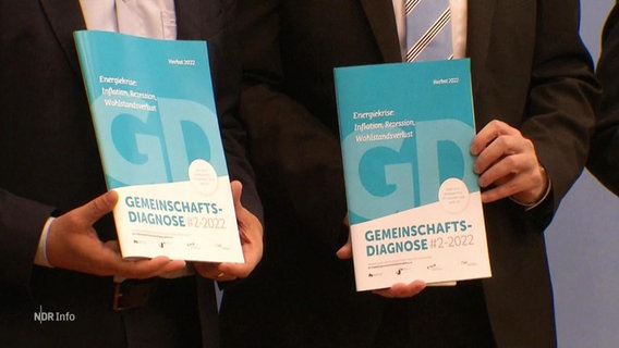 Zwei Personen präsentieren eine Studie zur deutschen Wirschaftsleistung in ihren Händen. © Screenshot 