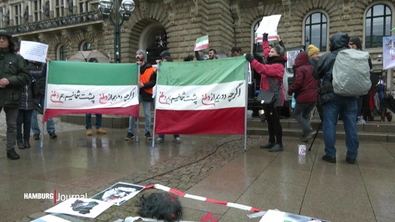 Menschen demonstrieren vor dem Hamburger Rathaus gegen das iranische Regime. © Screenshot 