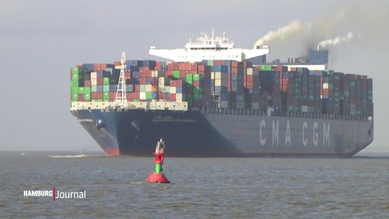 Ein großes Containerschiff auf der Elbe. © Screenshot 