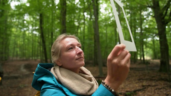 Eine Frau hält einen weißen Bilderrahmen in einem Wald © Screenshot 
