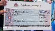 Ein symbolischer Scheck des Polizeivereins Hamburg über 1.000 €. © Screenshot 