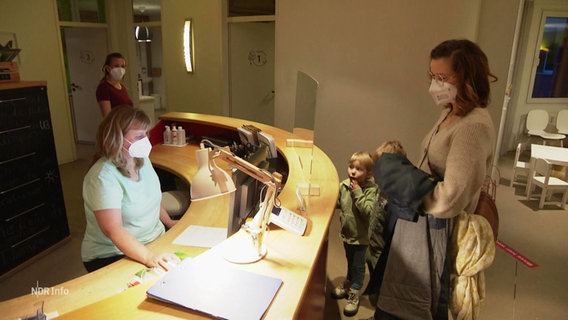 Eine Frau mit zwei kleineren Kindern bei der Sprechstundenhilfe in einer Arztpraxis. © Screenshot 