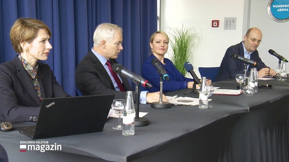 Zwei Männer und zwei Frauen sitzen vor Mikrofonen auf einem Podium. © Screenshot 