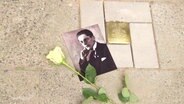 Ein Stolperstein für den jüdischen Mann Fritz Stein, der in der NS-Zeit von den Nationalsozialisten ermordet wurde. Daneben ein Schwarzweiß-Foto und eine gelbe Rose. © Screenshot 