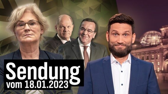 Die zurückgetretene Verteidigungsministerin Christine Lambrecht, Bundeskanzler Scholz und der neue Verteidigungsminister Boris Pistorius. Daneben Christian Ehring. © NDR 