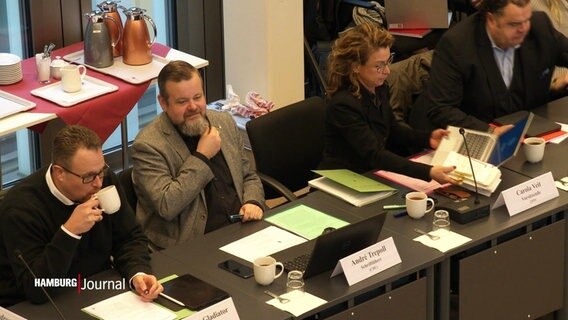 Bei einer Sitzung sitzen mehrere Hamburger Politiker an einem langen Konferenztisch nebeneinander. © Screenshot 