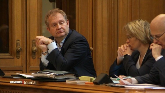 Hamburger Umweltsenator Kerstan sitzt in einem Plenarsaal neben Herrn Tschentscher und einer weiteren Kollegin. © Screenshot 