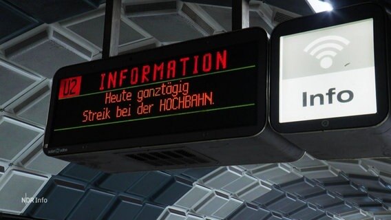 Die Anzeige an einem Bahnsteig weist auf einen Streik bei der Hochbahn hin © Screenshot 