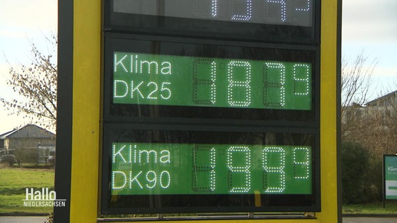 Blick auf eine Preisanzeige für Kraftstoffe einer Tankstelle an der Preise für Klima-Kraftstoffe aufgeführt sind © Screenshot 
