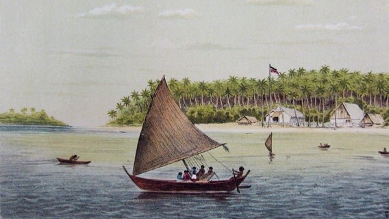 Eine alte Zeichnung aus mit einer Szenerie aus dem Pazifik. © Screenshot 
