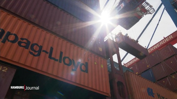 Froschperspektive: Im Gegenlicht der Sonne wird ein Container vom Kran angehoben, links im Bild eine Wand aus Containern, auf einem der Schriftzug "Hapag-Lloyd". © Screenshot 