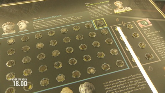 Polierte römische Münzen liegen in einer Vitrine © Screenshot 