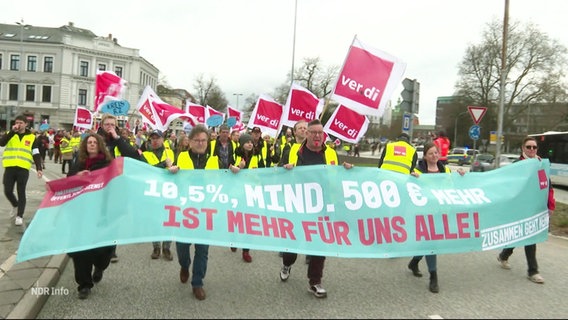 Streikende halten ein Banner mit Lohnforderungen in die Kamera. © Screenshot 