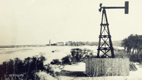Windrad am Strand von Warnemünde (historisches Foto) © Screenshot 