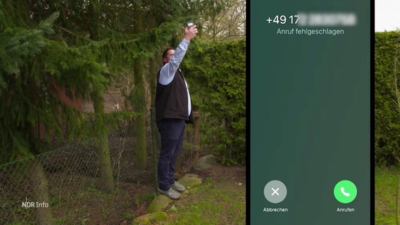 Ein Mann versucht mit gestrecktem Arm Mobilfunk-Netz zu erreichen. © Screenshot 