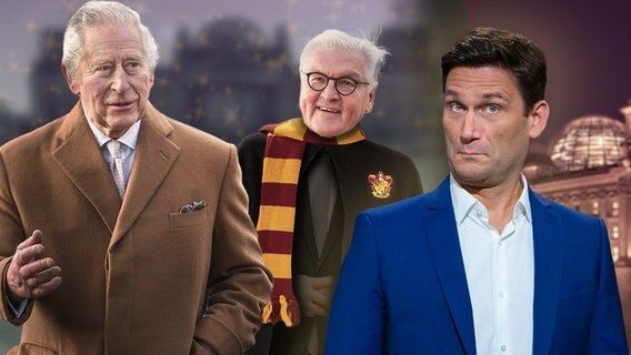 König Charles III. und Bundespräsident Frank-Walter Steinmeier mit einem Gryffindor-Schal. Daneben Christian Ehring. (extra 3 vom 30.03.2023 im Ersten) © NDR 