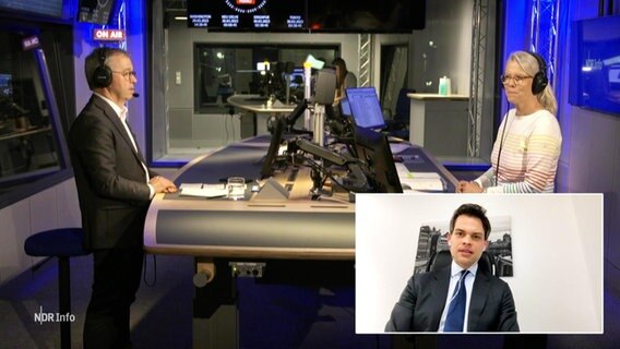 Birgit Langhammer moderiert die NDR Info Redezeit und steht im Studio mit einem Gast. © Screenshot 