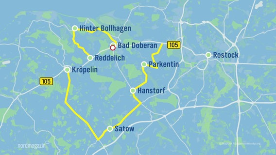 Eine Grafik zeigt, auf welchen Strecken eine Straßensperrung in Bad Doberan umfahren werden kann. © Screenshot 