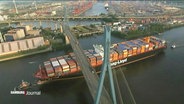 Ein Containerschiff unter der Köhlbrandbrücke. © Screenshot 