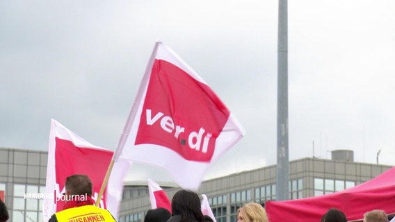 Streikende Menschen halten Fahnen der Gewerkschaft ver.di © Screenshot 