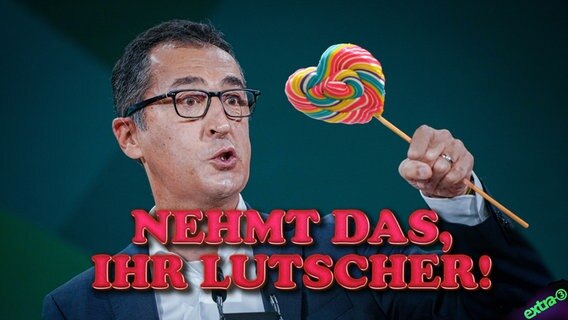 Ernährungsminister Cem Özdemir spricht sich für ein Süßwaren-Werbeverbot für Kinder aus. Nehmt das ihr Lutscher! (extra 3 vom 04.05.2023 im Ersten) © NDR 