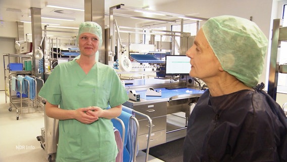 Anne Meier ist gehörlos und arbeitet in der Uniklinik Eppendorf. Eine Gebärdensprachdolmetscherin rechts im Bild. © Screenshot 