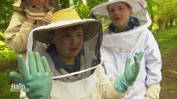 Schüler:innen wurden in Schutzkleidung gekleidet um sich Bienen ganz genau anschauen zu können. © Screenshot 