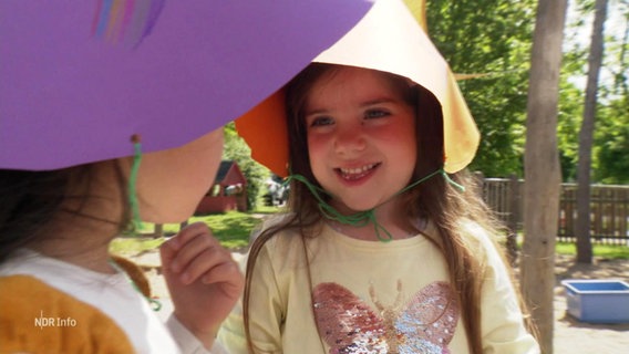 Kinder tragen selbst gebastelte Sonnenhüte aus bunter Pappe. © Screenshot 