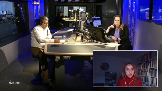 Nina Zimmermann moderiert NDR Info Redezeot "Welche Folgen hat die Türkei-Wahl?" am 30.05.2023. Mit ihr diskutieren: Murat Kaplan, Vorsitzender der Türkischen Gemeinde Hamburg und Umgebung e.V. und Dr Güllistan Gürbey, Privatdozentin und Politikwissenschaftlerin an der Freien Universität Berlin. © Screenshot 