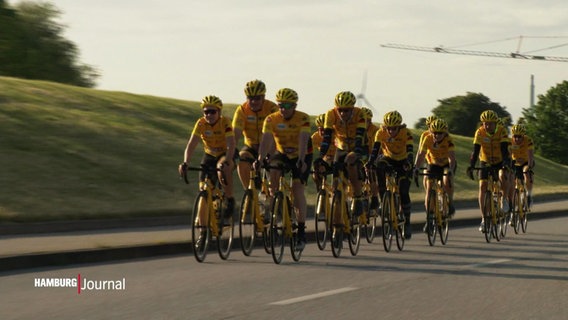 Eine Radsportgruppe fährt in Formation mit gelben Trikots auf einer Straße neben einem Deich. © Screenshot 