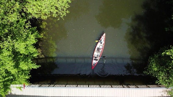 Luftaufnahme von einem Kanu in einem Alsterlauf. © Screenshot 