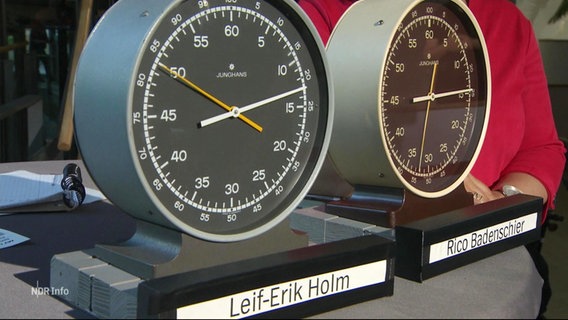 Zwei Stoppuhren für das Rededuell für die OB-Wahl in Schwerin zwischen Leif-Erik Holm und Rico Badenschier. © Screenshot 