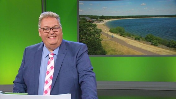 Bingo Moderator Michael Thürnau, im Hintergrund ein Bild von einem Strand. © Screenshot 