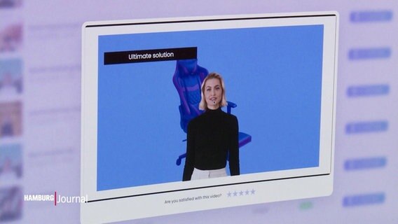 Blick auf einen Bildschirm, eine KI-generierte blonde Frau steht vor einem blauem Hintergrund. © Screenshot 