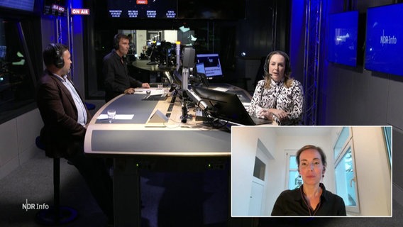 Nina Zimmermann sitzt im Studio von NDR Info und moderiert die Redezeit. Zwei Gäste sitzen ihr gegenüber. Eine Gesprächspartnerin ist zugeschaltet. © Screenshot 