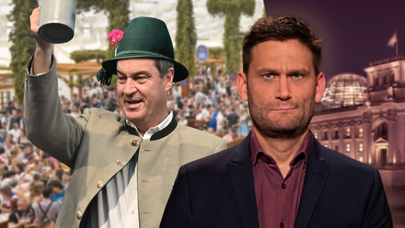 Der bayrische Ministerpräsident Markus Söder mit einem Trachtenhut und einem Bierkrug in der Hand, im Hintergrund ein Bierzelt von innen. Daneben Christian Ehring. (extra 3 vom 27.09.2023 im NDR Fernsehen) © NDR 