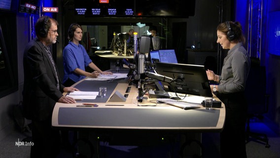 Janine Albrecht moderiert die NDR Info Redezeit. Sie steht mit ihren Gästen im Studio. © Screenshot 