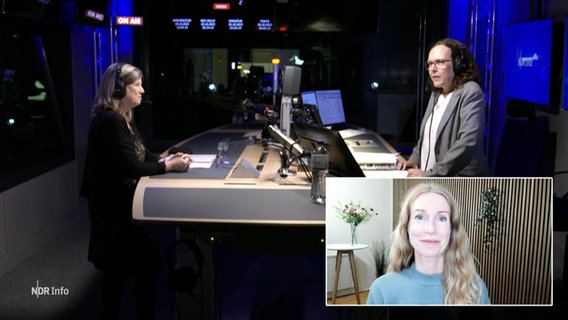 Verena Gonsch steht im Studio von NDR Info und moderiert die Redezeit. Eine Gesprächspartnerin steht ihr gegenüber. Eine andere ist zugeschaltet. © Screenshot 