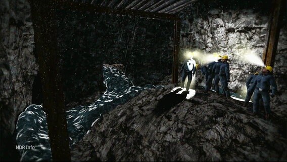 Computeranimation: In einem Bergwerk steigt Wasser und schließt Bergleute ein. © Screenshot 