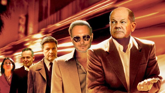 Die Ampel-Koalition in Person von Annalena Baerbock, Volker Wissing, Robert Habeck, Christian Lindner und Kanzler Olaf Scholz in Ocean's Eleven Optik. (extra 3 vom 22.11.2023 im NDR Fernsehen) © NDR 