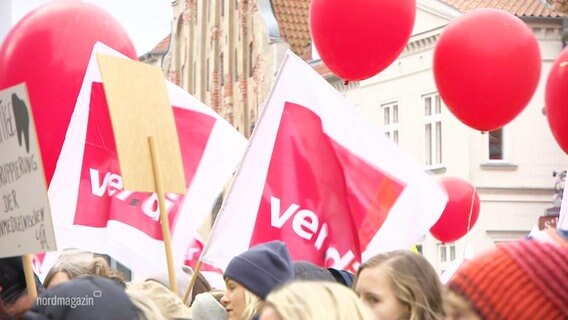 Menschen mit ver.di plakaten und Luftballons bei einem Warnstreik. © Screenshot 