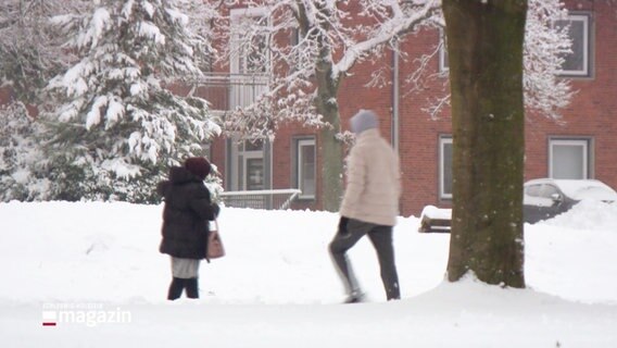 Menschen im Schnee laufen durch eine Straße. © Screenshot 