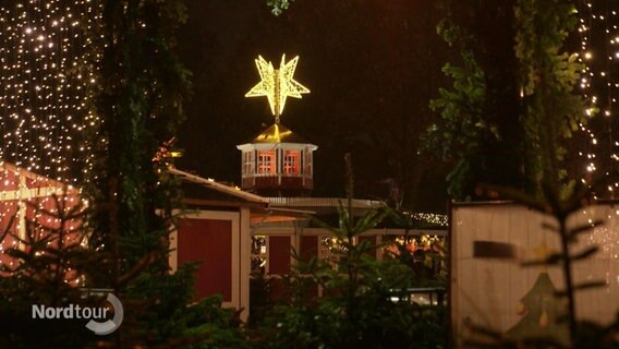 Blick zwischen Tannengrün hindruch auf die roten Häuschen des Bergedorfer Weihnachtsmarktes, mittig im Bild ein leuchtender Stern auf einer Bude mit Türmchen. © Screenshot 