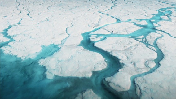 Wasser bahnt sich in mit kurven Wege durch eine weiße Eisschicht. © Screenshot 