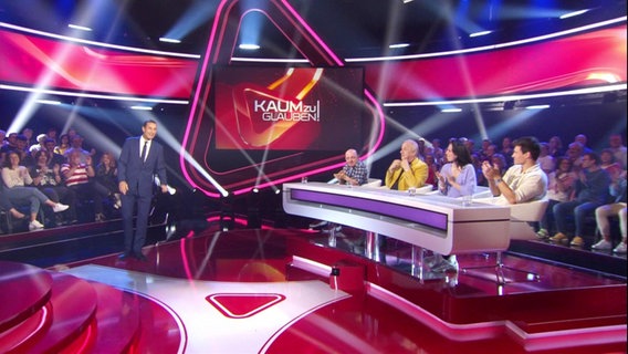 Kai Pflaume moderiert die Sendung "Kaum zu glauben". Das Rate-Team sitzt: Bernhard Hoëcker, Hubertus Meyer-Burckhardt, Stephanie Stumph, Wincent Weiss. © Screenshot 