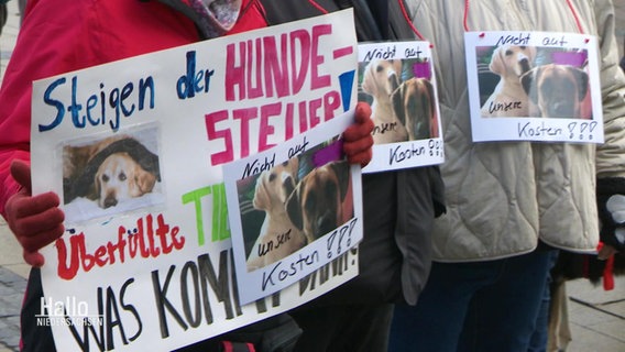 Demonstrierende halten selbgemachte Plakate hoch. Darauf zu sehen: Bilder von Hunden und Slogans gegen die Hundesteuer. © Screenshot 