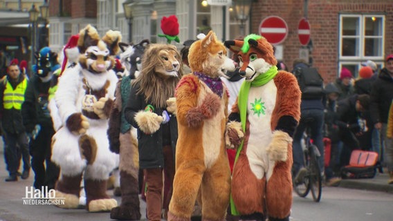 Menschen in Kostümen von unterchiedlichen, flauschigen Fantasietieren laufen über eine Straße. © Screenshot 